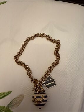 Juicy Couture Gold Chain Necklace with Blue and White Enamel Heart Charm